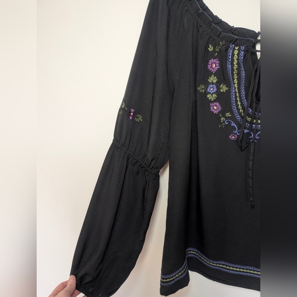 Cache Luxe Chiffon Top Blouse Black Embroidered Sheer Long Sleeve Size Medium - Picture 3 of 9